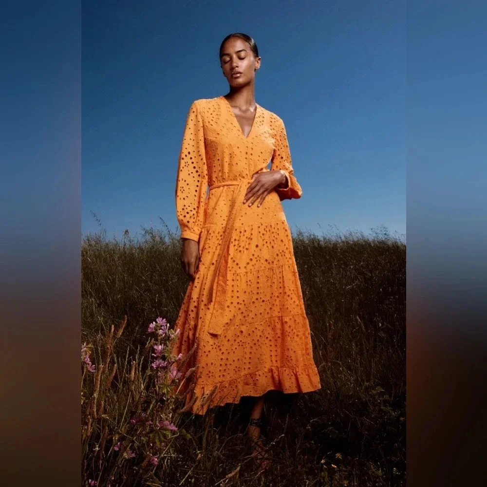 NWT Zara orange belted eyelet lace long sleeve maxi dress sz med